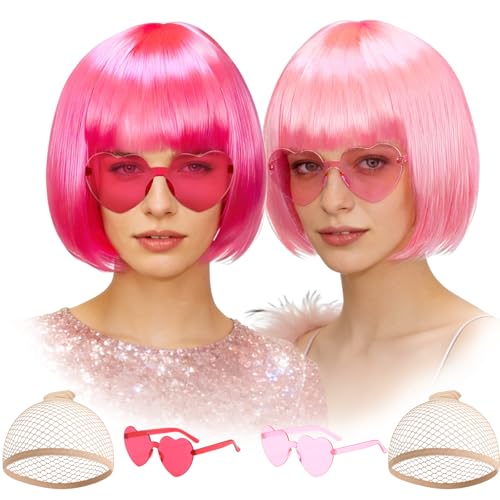 Image of DAJOOEE 2 Pack Party Wigs Wig Cap and Sunglass Set,Short Bob Hair Wigs Straight with Flat Bangs Synthetic Colorful Cosplay Daily Party Neon Wig for Women (Pink Mix)
