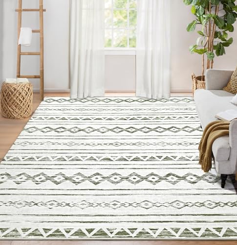 Image of Area Rug Living Room Carpet: 5x7 Large Moroccan Soft Fluffy Geometric Washable Bedroom Rugs Dining Room Home Office Nursery Low Pile Decor Under Kitchen Table Sage Green