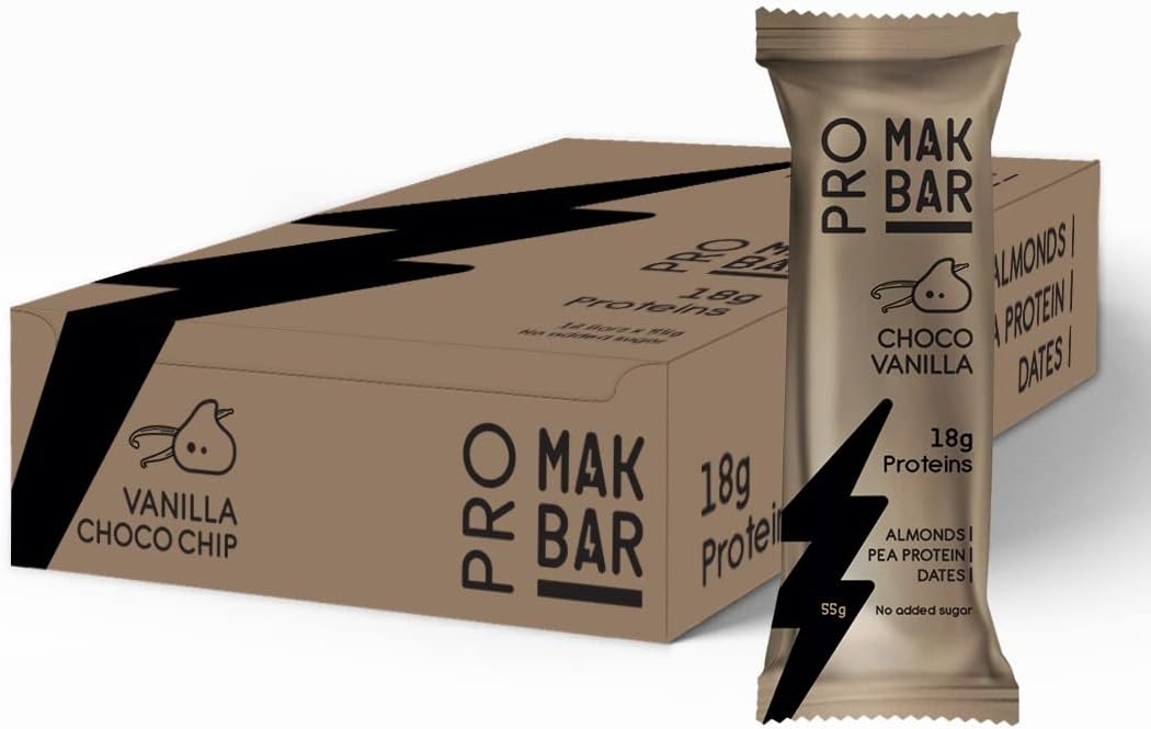 Pro Protein Bar - Vanilla Choco Chip Flavor - 12 count x 55g - 18gr protein snack, 218 Calories - Almonds, Pea Protein & Dates, No added sugar, High Fibre, Vegetarian, Post Workout Meal