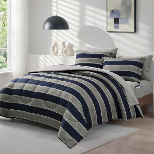 Image of Monbix Queen Comforter Set - 7 Pieces Bed in a Bag Queen, Light Grey-Stripe Bedding Sets, All Seasons Comforter Bed Set with Sheets, Pillowcases & Shams