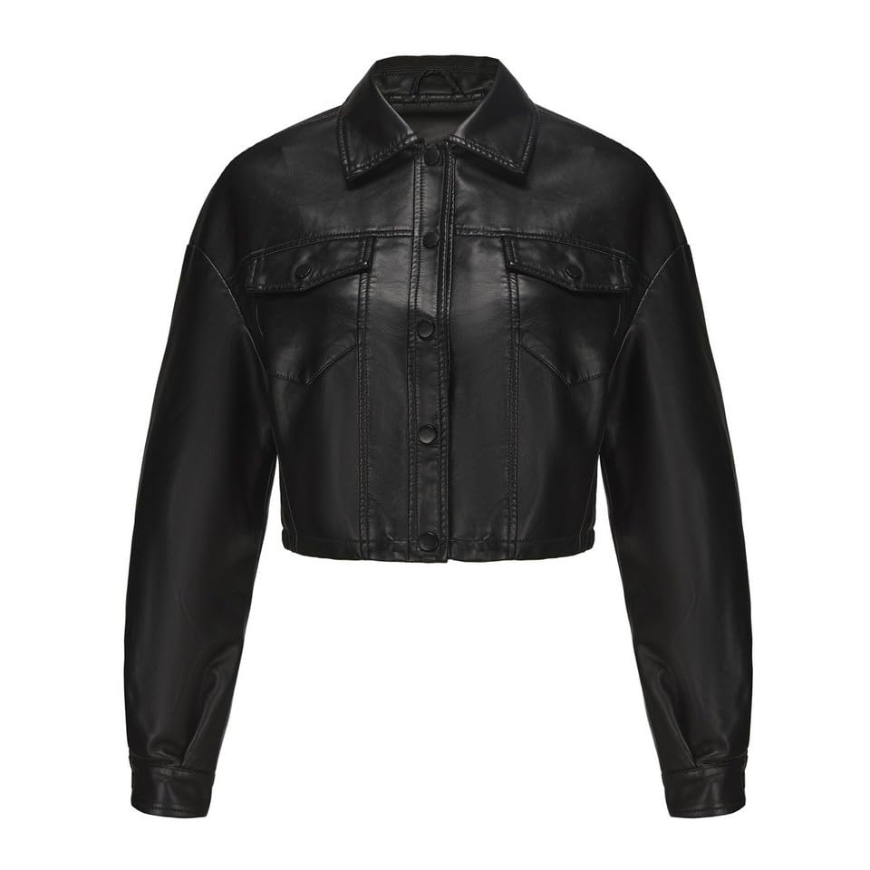 Veste biker crop tops AU pour femmes en cuir PU noir manches longues