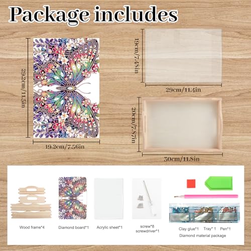 Image of DIY Diamond Art Tray with Handle Diamond Art Painting Plate Creative Design Handmade Wooden Tray Mosaic Making Kits by Number Kits Diamond Art for Coffee Living Room Home Organizer (Butterfly)