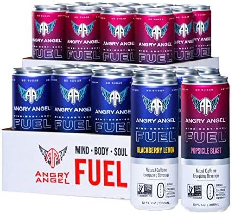 Angry Angel Blackberry Lemon & Popsicle Blast Natural Energy Drink - (24 count) Mixed Pack - Zero Sugar - CoQ10 - Important B Vitamins - 12 oz Cans