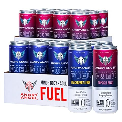 Angry Angel Blackberry Lemon & Popsicle Blast Natural Energy Drink - (24 count) Mixed Pack - Zero Sugar - CoQ10 - Important B Vitamins - 12 oz Cans Cover