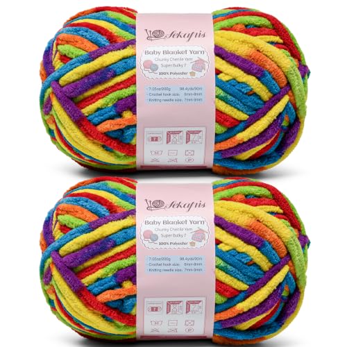 Image of 2 Pack Rainbow 14.1 oz /196.8 yds Chunky Chenille Yarn for Crocheting, #7 Super Bulky Baby Blanket Yarn for Crocheting Soft, Fluffy Velvet Yarn for Knitting, Amigurumi Crochet Yarn for Crafts
