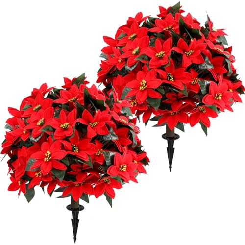 Artificial Poinsettia Topiary Ball Tree 27 with Ground Spike Set of 2 Artificial Boxwood Bushes for Faux Shrubs Fake Evergreen Faux Plant for Indoor Outdoor Porch Garden- UV Resistant Fade-Proof