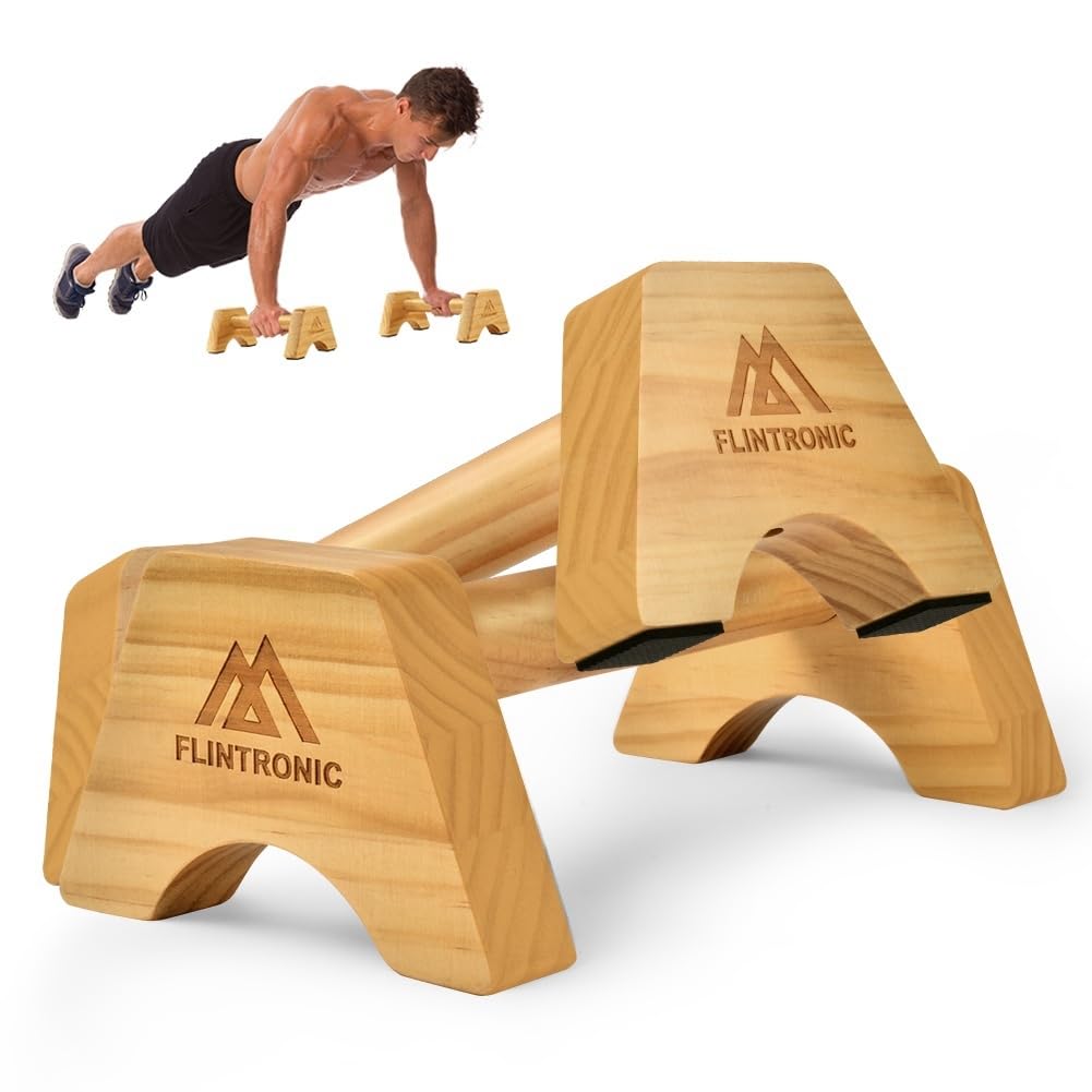 flintronic Wooden Parallettes, Fitness Push Up Bars, Solid Wood Parallettes Bars with Non-Slip Mat, Handstand Bar Push Up, Wrist Straps, for Home Workout Equipment for Strength Training, Gymnastics