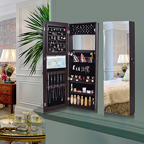 Giplar Jewelry Armoire Retro Pvc Wood Grain Coating Whole Body Mirror Decoration Storage Dressing Mirror Jewelry Mirror Cabinet Wall-Mount/Door-Hanging Makeup Jewelry Armoire-Brown Beauty #TOP2
