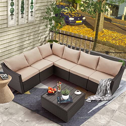Homrest 7 Piece Patio Furniture Sets, Outdoor Sectional Set With Adjustable Bracket, Pe Rattan Patio Conversation Set, Sofa Set With Storage Coffee Table, For Garden, Lawn, Balcony #TOP23