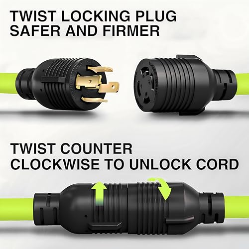 Image of Nilight 100FT 30Amp Generator Extension Cord 125V Heavy Duty 10 /3 Gauge Pure Copper STW Wire UL ETL Listed 4 Prong L14-30P L14-30R Weatherproof Suit for Camper Outdoor Use Bright Green