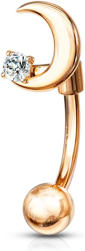 Amelia Fashion 16 Gauge Crescent Moon with Crystal Star Curved Barbell Eyebrow Ring 316L Surgical Stainelss Steel (Choose Color)