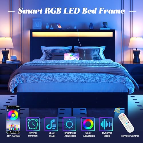 Image of Fluest Full Bed Frame with Headboard & Footboard, Full Bed Frame with Built-in Charging Station & LED Light, Storage Shelf, Noise-Free, No Box Spring Needed, Easy Assembly, Classic Black