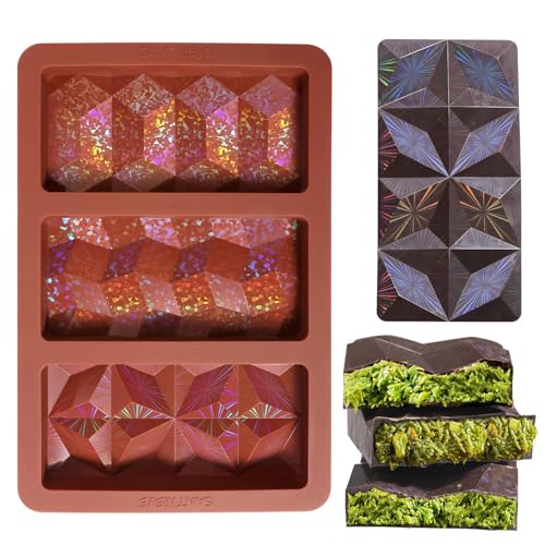 Holographic Chocolate Bar Mold Large Thick 3-Cavity Silicone Mold for Chocolate Bars Geometric Design Food-Grade Non-Stick Mold for DIY Baking Candy and Wax Making