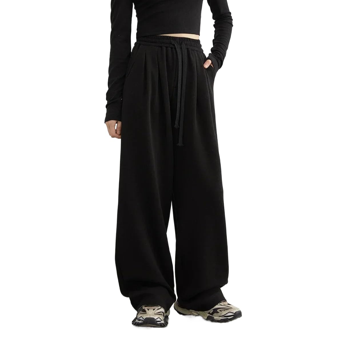 Womens Casual Wide Leg Pants with Elastic Waist and Drawstring Loose Fit Fleece-Lined Trousers for Autumn Winter Black