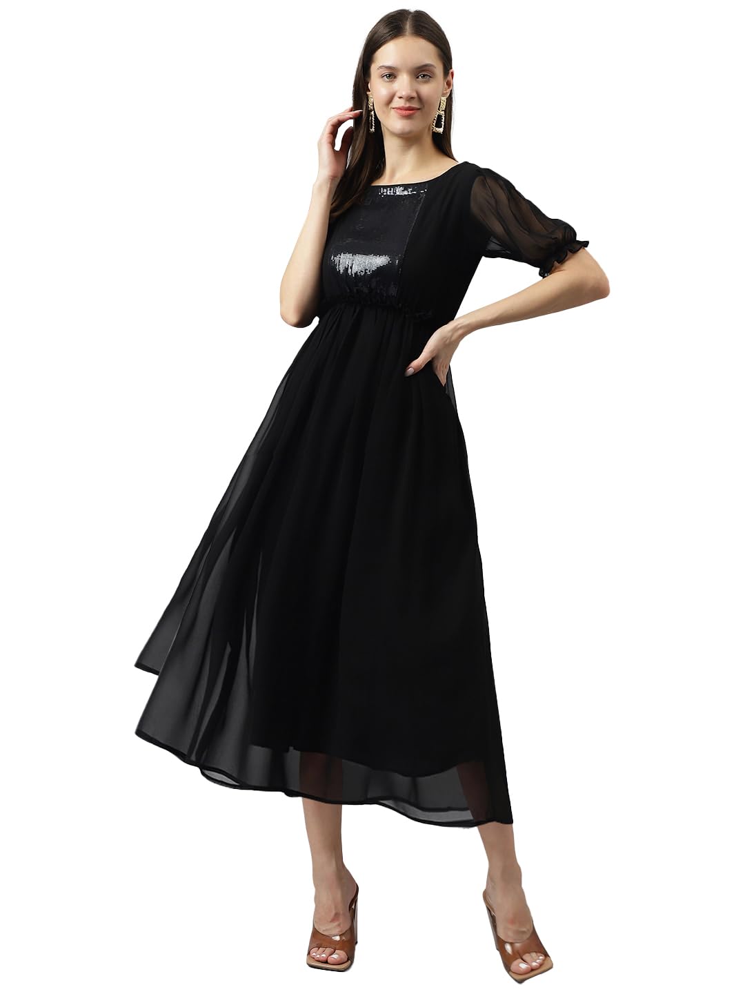 Women's Black Sequence Georgette Solid Fit & Flared Western Dress | Dress for Women | A line Dress | Winter Dress | Western Dress | Latest Women Dress | Trendy Dress | Midi Dress-image-1