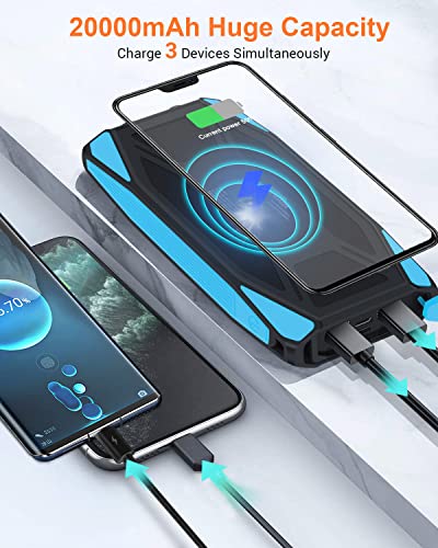 Solar Phone Charger Power Bank, Quacoa 20000Mah Portable Cell Phone Battery Panel Charger With 2 Usb & Type-C Port, Waterproof Qi Wireless Charging Powerbank With Dual Led Flashlights For Emergencies #TOP2