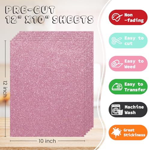Image of 3D Puff Glitter HTV, 6-Pack 12 inchx10 inch Sheets. Iron-On Vinyl for Fabrics, Compatible with Cricut & Cameo for Easy DIY T-Shirts & Crafts. (Pink Glitter Puff, 12 inch x 10 inch)