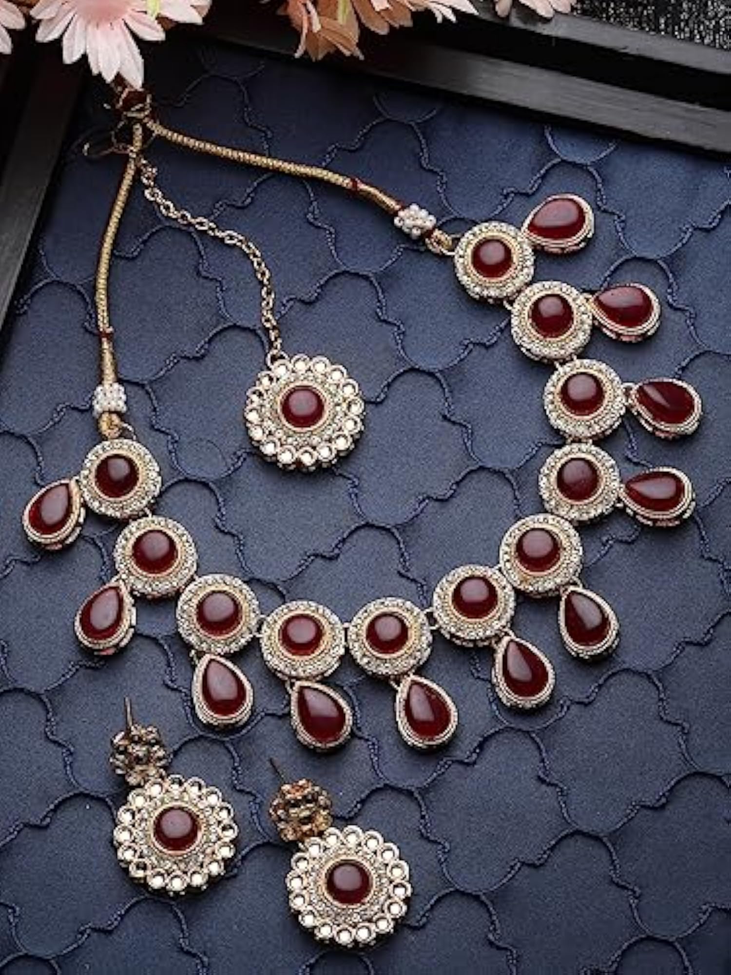 Drop Shaped AD Stones & Beads Necklace Set (NS105613)
