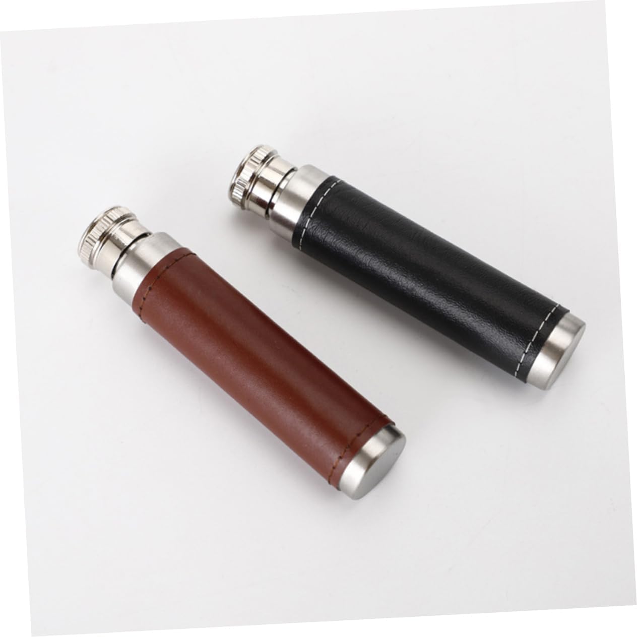 KALLORY 2pcs Stainless Steel Wine Tube Leather Cover Portable Round Base for Outdoor Use Wine Flask for Travel and Hiking Friends and