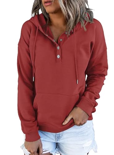 Dokotoo Womens 2025 Hoodies Button Collar Drawstring Hooded Pullover Sweatshirt Casual Long Sleeve Tops Shirts