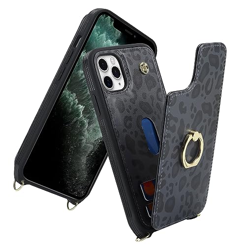 Image of for iPhone 11 Pro Phone Case with Card Holder and Strap for Women,Crossbody Lanyard,Kickstand Ring Stand,Snap Clasp,Cute Phone Wallet Cases 5.8 inch(Black Leopard)