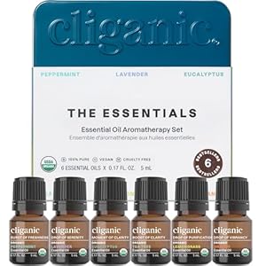 Cliganic Organic Aromatherapy Essential Oils Set (Top 6 – The Essentials), 100% Pure Natural – Peppermint, Lavender, Eucalyptus, Tea Tree, Lemongrass & Orange (Packaging May Vary)