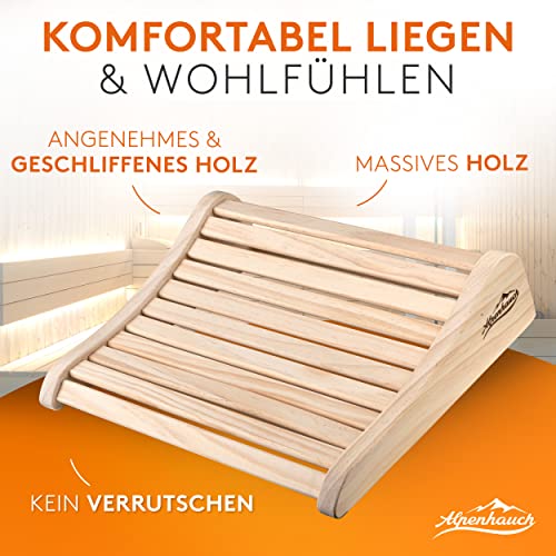 ALPENHAUCH Sauna Kopfstütze Holz [2 Stück] - Ergonomische Saunakopfstütze Holz - Edles Sauna Zubehör Infrarotkabine - Komfortable & breite Kopfstütze Sauna Holz für Sauna inkl. Sauna Büchlein