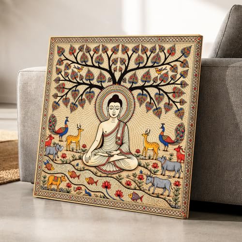 Image of PAINTINGMANTRA Madhubani Buddha Wall Painting for Living Room, Buddha wall Art Painting for living room, Bedroom, office and Meditation Room, Canvas, 22x22 Inch