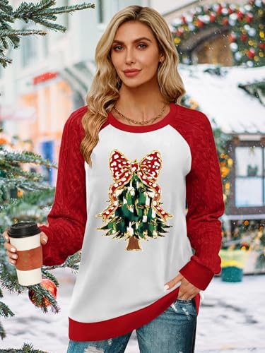 LHBNK Christmas Shirts Women: Christmas Tree T-Shirt Xmas Bow Shirt Raglan Long Sleeves Tops — view 2