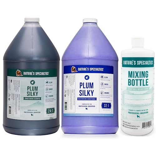 Image of Nature's Specialties Plum Silky Groomer Bundle, Ultra Concentrated Shampoo + Conditioner + Mixing Bottle, 1gal, Made in USA