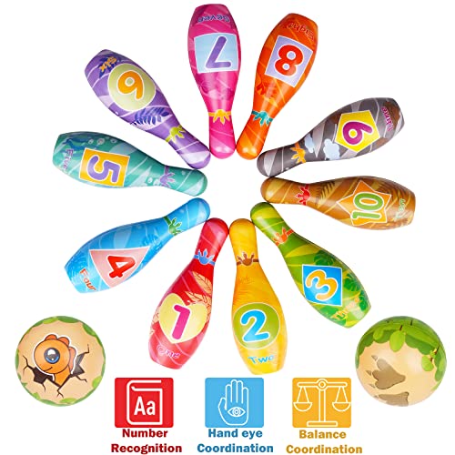 Iwutefet Kids Dinosaur Bowling Toys Set - Soft Foam 10 Pins And 2 Ball With Number - Fun Eductional Games Indoor Outdoor Bowling Set For Children Boy Girl Learning Development Party Favor Gifts #TOP2