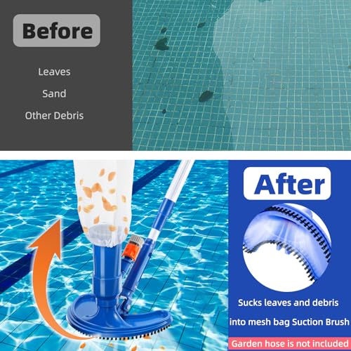 Pool Bodensauger Set, Tragbarer Jet Vacuum Head Pool Staubsauger mit Teleskopstange und Saugbürste Auffangsack, Pool Reinigungsset mit Scheuerbürste und Skimmernetz für Blätter Schmutz Sand Schlamm