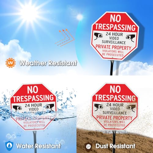Image of T&R Large No Trespassing Private Property Sign Video Surveillance Sign with 54 inch Stake - 12 inchx12 inch .040 Rust Free Aluminum, Reflective, Waterproof and Fade Resistant, 2 pre-drilled holes, Includes Matching Screws & Wrench, Easy to Mount