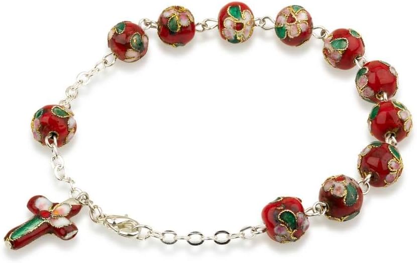 Hand Made Red Glass and Enamel Beaded and Silver Plated Chain Bracelet Rosary, with Matching Enamel Cross