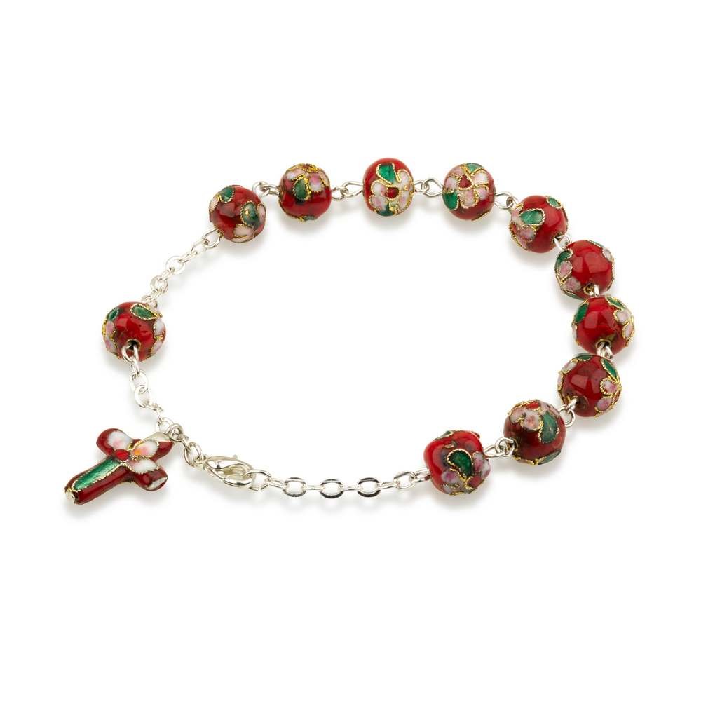 Hand Made Red Glass and Enamel Beaded and Silver Plated Chain Bracelet Rosary, with Matching Enamel Cross