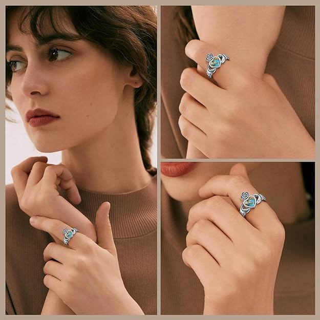 Heart Turquoise/Malachite/Black Onyx Claddagh Rings 925 Sterling Silver Celtic Knot Ring Turquoise Rings for Women Engagement Ring Irish Jewelry Gifts Size 6-9 - Image 7