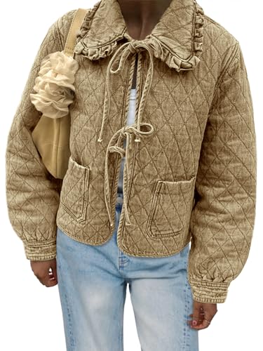 Image of Tankaneo Womens Quilted Denim Puffer Jackets Tie Front Bow Cropped Puffy Jackets Fall Cute Short Jeans Coat