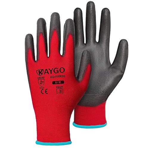 Image of KAYGO Safety Work Gloves for Men Women, PU Coated Palm & Fingers, KG11P | Smooth Grip, Breathable & Lightweight, 13-Gauge Seamless Knit, for Light Warehouse, Manufacturing, Gardening