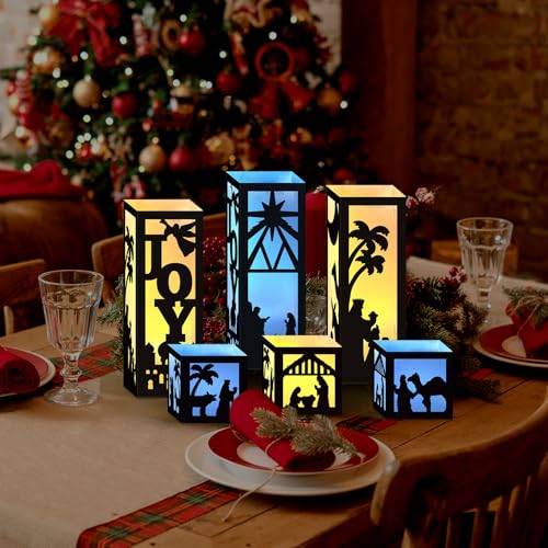 Image of HOWAF 6pcs Nativity Christmas Luminary Boxes with 6 Lameless LED Candles, Jesus Christmas Luminary Candle Boxes for Religious Christmas Jesus Birthday Xmas Party Decor Paper Lanterns Boxes with Lights
