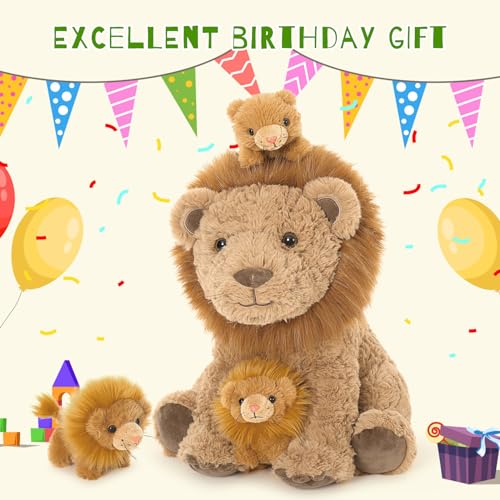 Image of Lion Stuffed Animal with 3 Babies, 17.7 inch Wild Animal Plush Toys