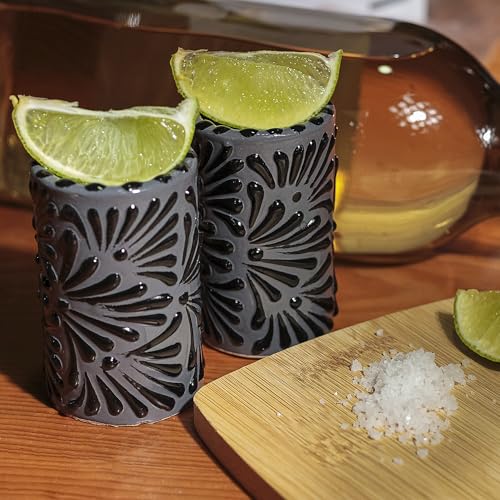 Image of Talavera Shot Glasses Set of 4 Authentic Mexican Tequila Shot Glasses - Hand-painted - 2 Oz (Black Brushstroke Gray Background)