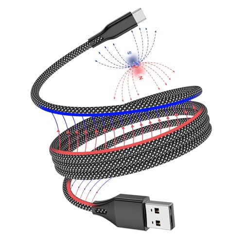 Mefold Magnetic USB A to USB C Cable 1M, 3A Fast Charging Braided USB C Charger Cord, Tangle-Free Coiled Type-C Data Cable for Phone 15/16, Galaxy S25/S24, Smartphones, Tablets, Black