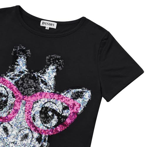 Image of PESION Womens Short Sleeve T-Shirt Sequined Tops O-Neck Funny Graphic Tees Blouse