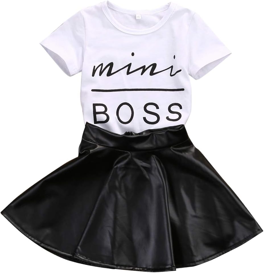 Afunbaby Toddler Baby Little Girls Fashion Clothes Mini Boss Shirt Tops&Leather Skirt 2Pcs Clothing Outfits Set