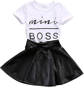 Afunbaby Toddler Baby Little Girls Fashion Clothes Mini Boss Shirt Tops&Leather Skirt 2Pcs Clothing Outfits Set