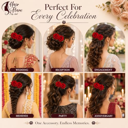Image of Hair Flare Artificial Plastic & Metal Rose Flower with An Abundance of Petals Design Hairpin /Hair Clip /Judabun | Bridal Hair Accessories, Wedding, Festival for Women & Girls - 2700, Set of 2