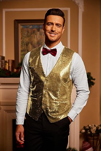 Coofandy Men's Fashion Shiny Sequins Vests Halloween Christmas Slim Fit Stitching Vest(Gold Yellow, L) #TOP1