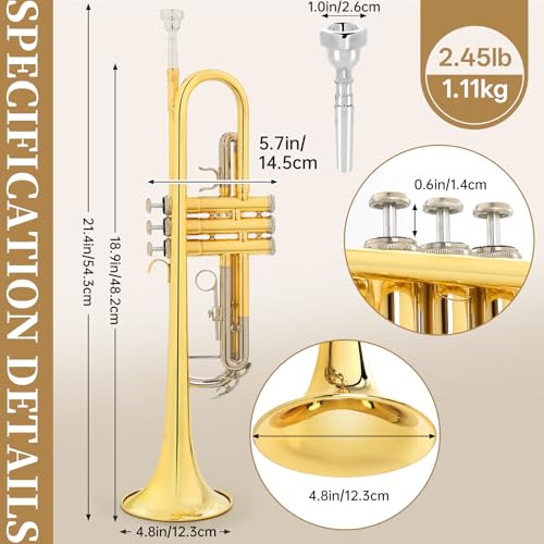 image for Kmise Bb Standard Trumpet, Premium Brass Trumpets for Student Beginner