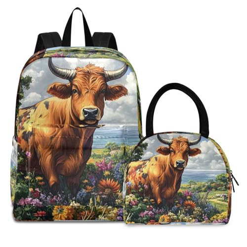 Farm Cow Print Backpack Set with Lunch Bag, Large Capacity Travel Backpacks and Lunch Box Insulated for Commute Hiking Picnic