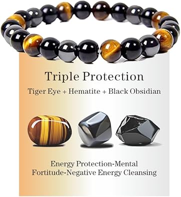 Hemys Hematite Protection Bracelet,Tiger Eye Black Obsidian Healing Crystals Bracelets Beaded Natural Stone Good Luck Bracelet Jewelry Gifts for Women&Men